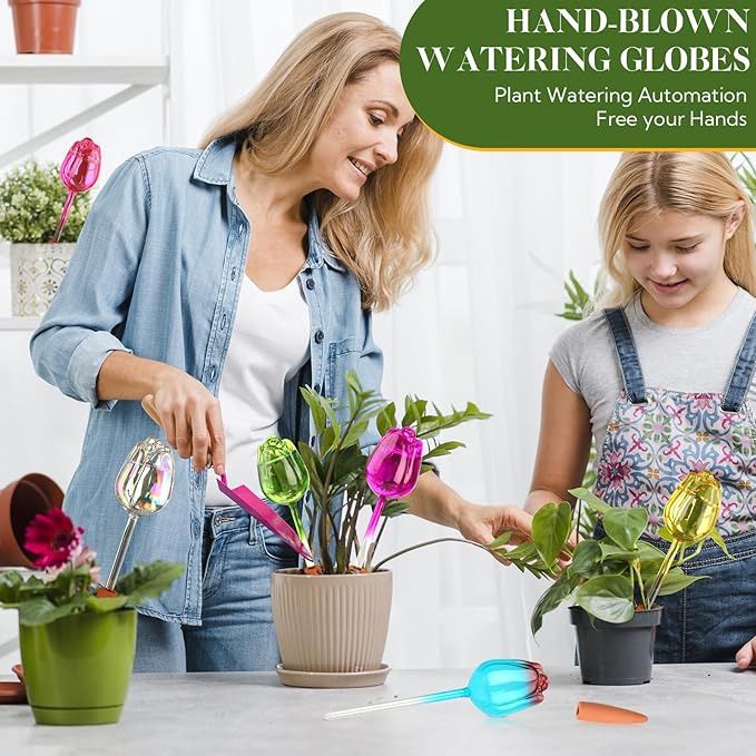 VZZNN 6 Set Self Watering Globes - Automatic Plant Watering System with Spikes for Indoor & Outdoor Plants, Glass Bulbs for Potted Houseplants Vacation Care