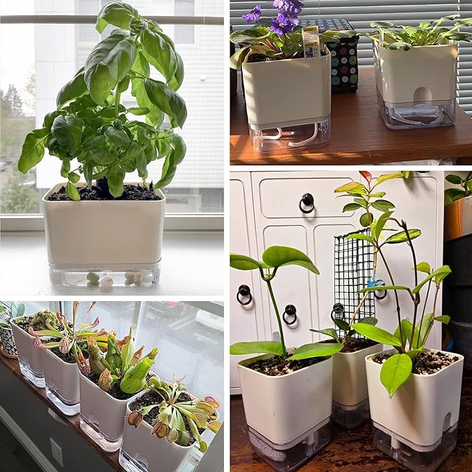 Planterhoma Self Watering Plant Pots for Indoor Plants 10 inch, 3 Packs Rectangle Self-Watering Planters with Drainage Hole, White African Violet Pots for Devil's Ivy, Spider Plant, Orchid, Herb