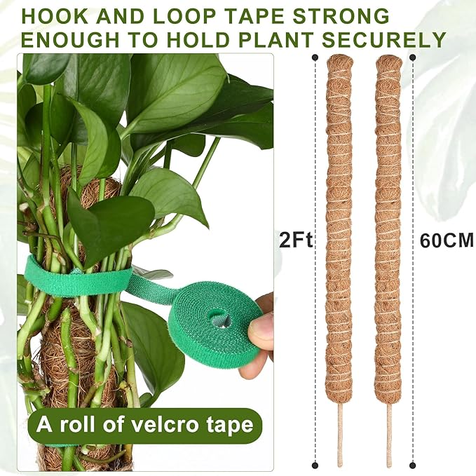 Moss Pole Monstera Plant Support, 2 Ft, 2 Pack Sustainable Coir Bendable Moss Pole Stakes, Plant Sticks for Climbing Vines, Pothos, Potted, Comes with Velcro Tape and Hemp Rope