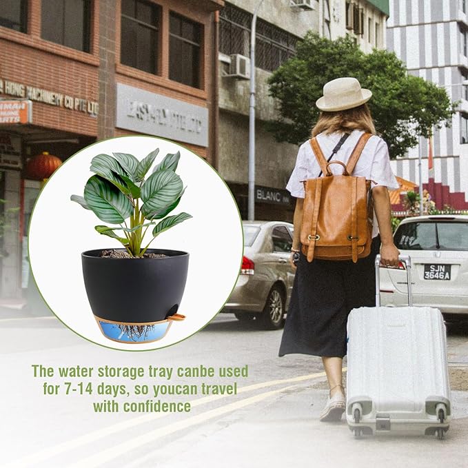 WSMKSZ 8 inch Self Watering Pots, 2 Pack Plastic Planters with Mesh Drainage Holes for Garden Plants and Flower, Plants Pots with Deep Reservoir for Indoor Outdoor Plants, Black with Brown