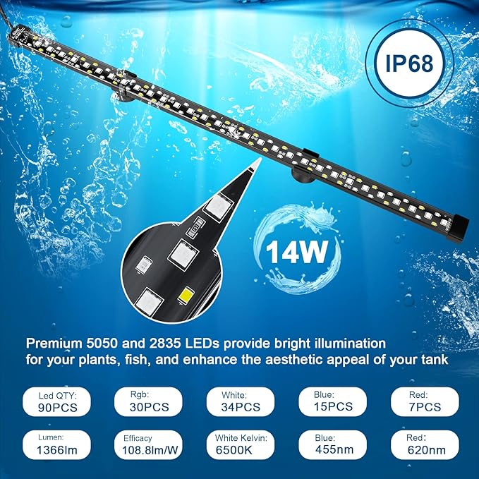 hygger 24/7 Mode Submersible Aquarium LED Light, Full Spectrum Hidden Fish Tank Light with 3 Rows Beads 7 Colors Auto On Off Sunrise-Daylight-Moonlight, Adjustable Timer Brightness
