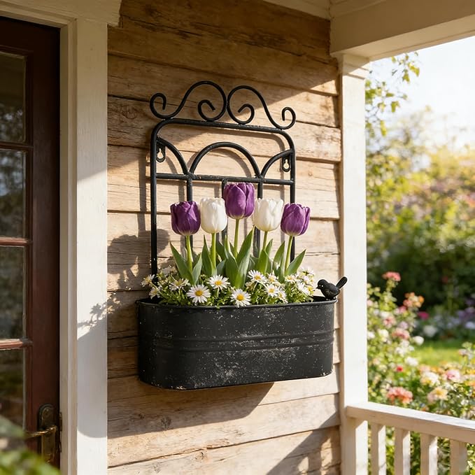 Rustic Metal Wall Planter Vintage Wall Mounted Flower Pot Distressed Wall Hanging Plant Basket Farmhouse Wall Decor for Indoor Outdoor Garden Home Yard (Black)