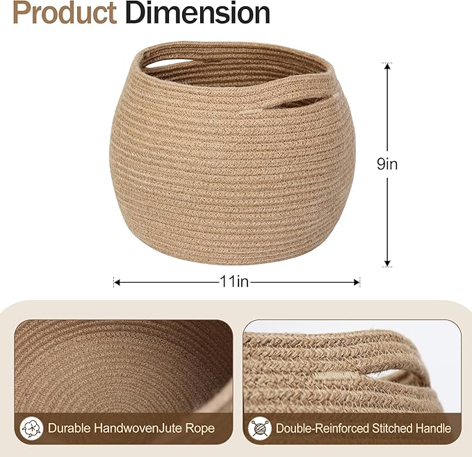 MEGASKET Decorative Wicker Storage Basket, 11" x 9" Indoor Plant Basket for Home Decor, Round Woven Dog Cat Toy Bin with Handle, Bathroom Towel Storage, Jute Planter Holder, Shelf Closet Organizer