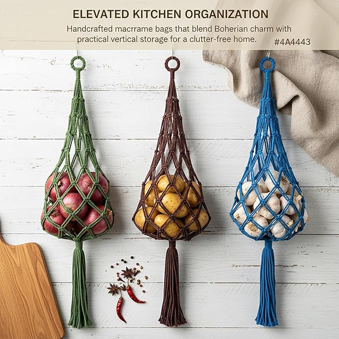 Macrame Hanging Produce Bag, Cotton Net Storage Holder with Tassel, Kitchen Fruit Vegetable Organizer (green)