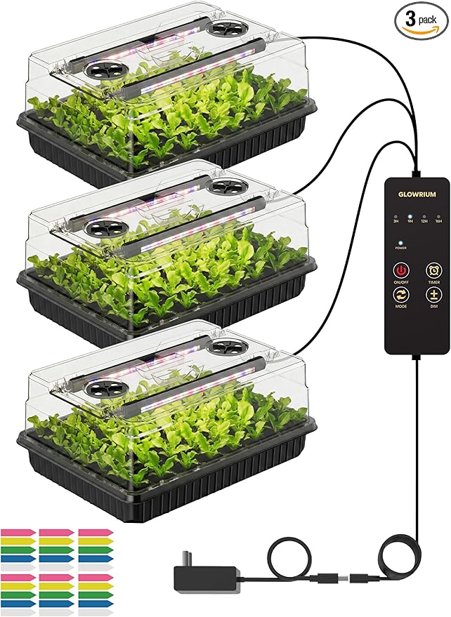 GLOWRIUM Seed Starter Tray with Grow Lights, 3 Pack 162-Cell Seed Starter Kit with 4.3" Humidity Dome, Indoor Seedling Starter Tray with 3/9/12/16h Timer, Adjustable Brightness Seed Starting Trays