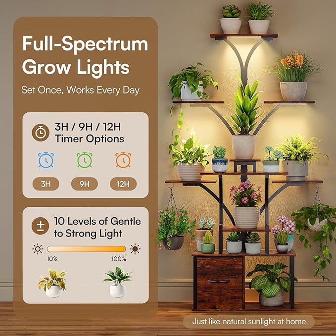 63" Plant Stand Indoor with Grow Lights, 10 Tiered Plant Shelf with Drawer, Corner Plant Stands for Indoor Plants, Metal Plant Flower Display Shelf, Tree-Shaped Plant Rack for Home, Black (1, Black)