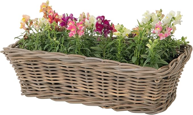 Kouboo Rectangular Rattan Planter Basket with Handles 2.5 Gallon Plastic Pot Liner with Drain Holes Included No Saucer Indoor and Outdoor Use