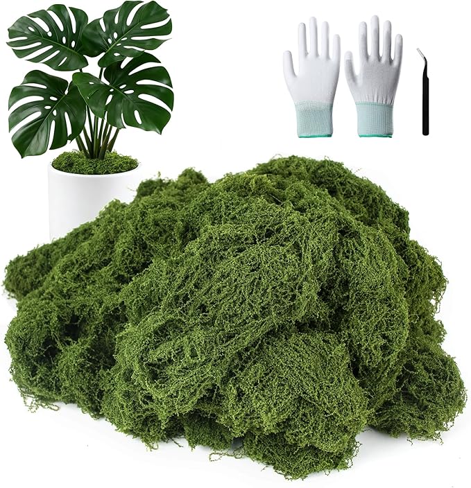 MGLIFEUL 1.5 LBS Artificial Fake Moss for Crafts Plants Indoor with Non-Stick Gloves and Tweezers，Preserved Green Plant Faux Craft Moss Musgo for Fairy Garden Outdoor Home Decorating Model Making