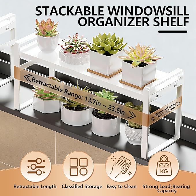 Retractable Over The Sink Shelf - Carbon Steel Window Sill Plant Shelves, Kitchen Counter Shelf for Plants & Storage Organization Accessories (Black)