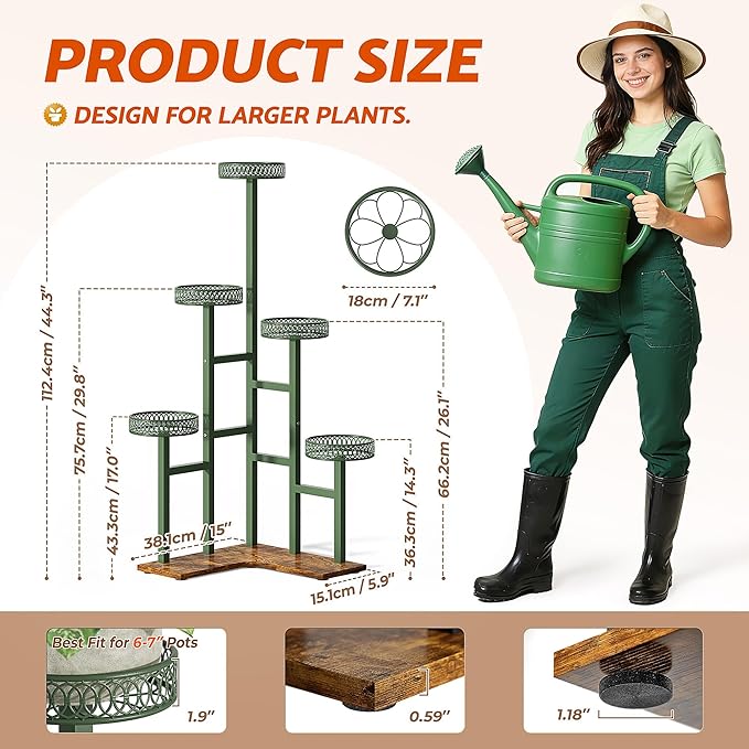 Plant Stand 6 Tier Indoor Metal Wood Flower Shelf for Indoor Outdoor Corner Tall Flower Holders for Garden Balcony Living Room Bedroom