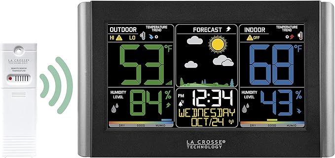 La Crosse Technology Weather Station with Customizable Alerts, Weather Forecast, Temperature, Dew Point, Humidity, Time, Heat Index, Large Display, Adjustable Brightness, Wireless, Black, C85845-INT
