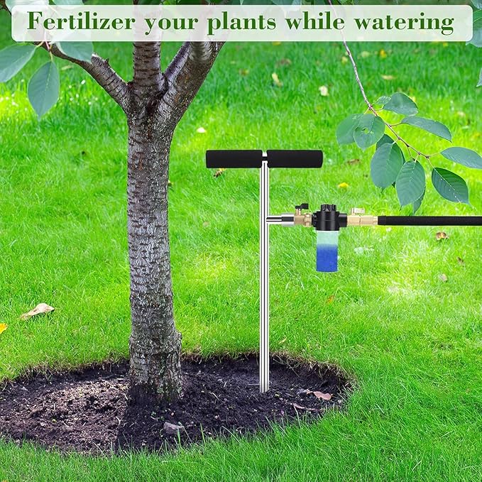 Caulimo Deep Root Watering Tool for Trees, Tree Watering Spike with Fertilizer Bottle, Stainless Steel Root Feeder for Garden, Orchard & Shrubs, Tree Irrigation System with Brass Valve|T-Handle