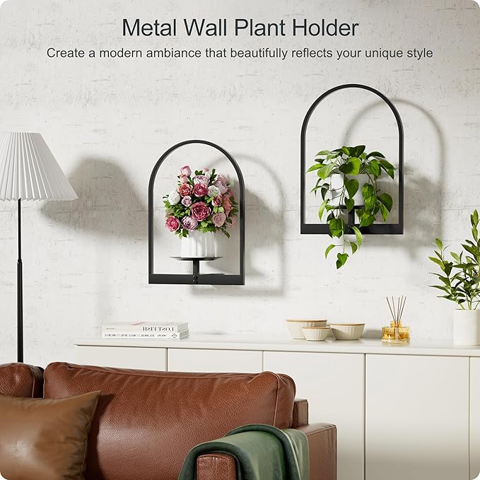 Black Metal Wall Plant Holder - 2-Pack Wall Mounted Plant Stands and Hanging Holders for Indoor Planter and Flower Pot - Arch Decor Shelf for Plant Storage (Pot Not Included)