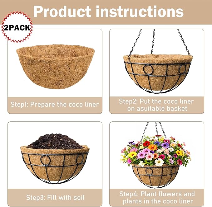 2 Pack 12 inch Black Round Metal Wire Hanging Planter Basket Outdoor Hanging Baskets Indoor with Coco Liner Pot Plant Holder for Home Garden Balcony Decor