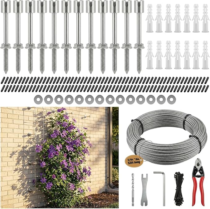12 Set Wire Trellis Kit, 53ft x 2mm T316 Stainless Steel Cable & Cutter, Corrosion Resistant Outdoor Wall Espalier System for Climbing Plants and Vine Support (Installation Tools Included)