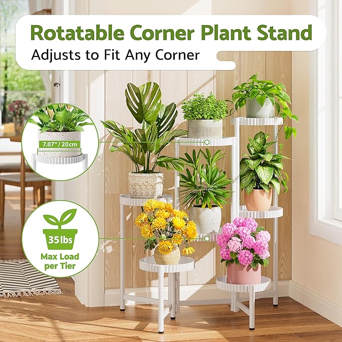 7 Tier Large Plant Stand Indoor, 7.9 Inch Wide Tall Corner Metal Plant Stands Outdoor for Multiple Plants, Folable Tiered Flower Display Holder Rack Shelf for House Patio Garden - WhiteFloroma