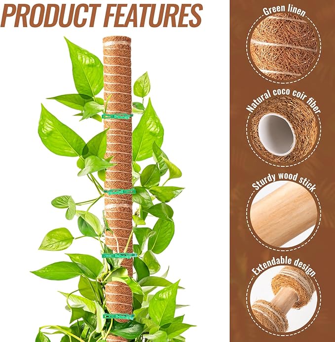 4 Pcs 12 Inches Coir Totem Pole With 8 Pcs Adjustable Plant Twist Ties - Moss Stick for Creepers Plant Support Extension, Climbing Indoor Plants