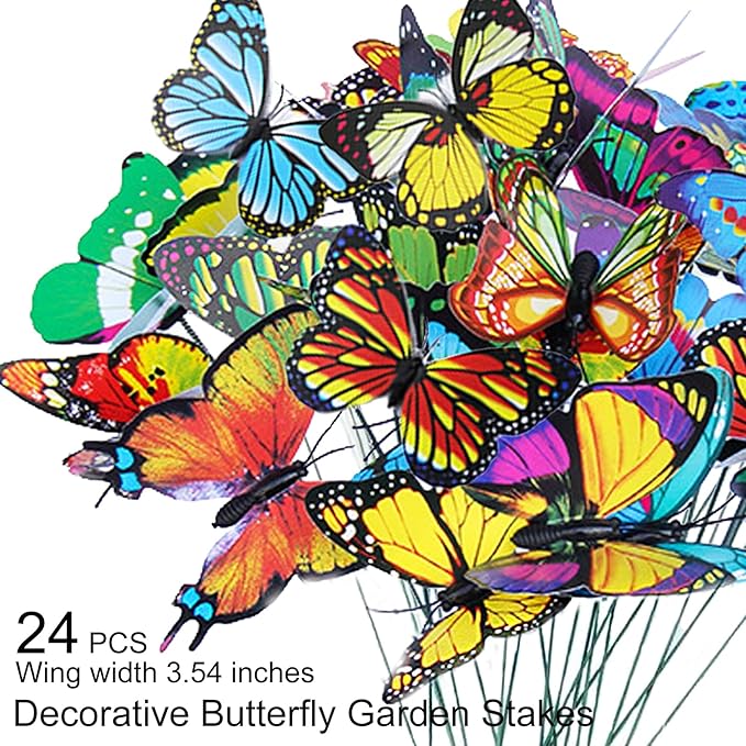 3D Decorative Butterfly Garden Stakes Fake Butterflies Garden Decorations for Yard Patio Lawn Plant Flower Pot Decor, 24 Pcs