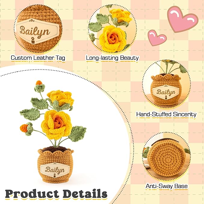 Crochet Flowers with Personalized Leather Name Tag Handmade Knitted Flowers for Home Office Desk Decor Crochet Rose Flower Potted Plant Crochet Gift for Women,Mom,Teacher, Birthday(Yellow)