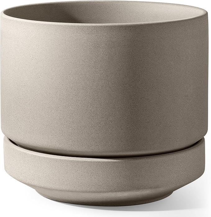 LE TAUCI 12 Inch Pots for Plants with Saucer | Ceramic Outdoor & Indoor Planter Pot for Plants | Drainage Hole, Mesh Pad | Unglazed Porous | Modern for Home, Office and Patio – Neutral Gray