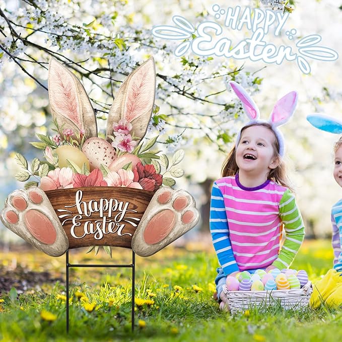 Amyhill Happy Easter Outdoor Decorations Bunny Metal Garden Stakes 25 Inch Welcome Yard Signs Easter Rabbit Egg Decor Outdoor Decorative Garden Stakes Spring Decorations Patio Lawn Walkway