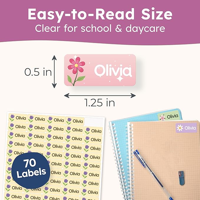 Personalized Name Labels for Kids (70 Labels) - Durable & Waterproof Custom Name Stickers for Clothing Tags, School Supplies, Camp & Daycare - Flowers (1.2”x0.5”)