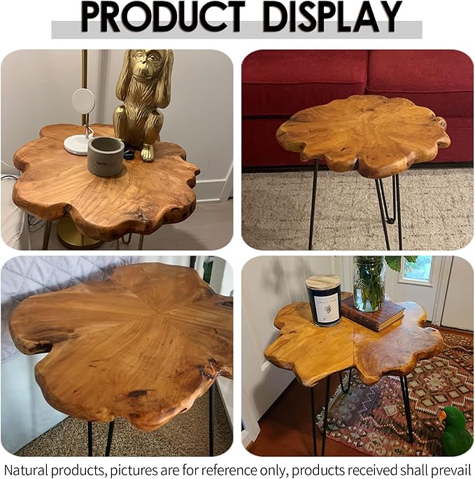 23.6 Inch Live Edge Side Table, Wood Freeform Small End Table with Waterproof, Rustic Accent Table Unique for Living Room, Bedroom, Home