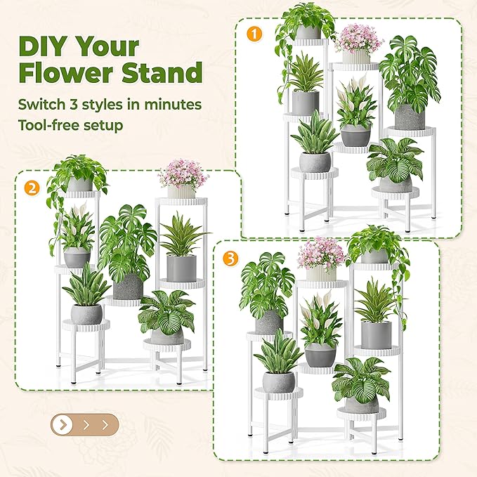 7 Tier Large Plant Stand Indoor, 7.9 Inch Wide Tall Corner Metal Plant Stands Outdoor for Multiple Plants, Folable Tiered Flower Display Holder Rack Shelf for House Patio Garden - WhiteFloroma
