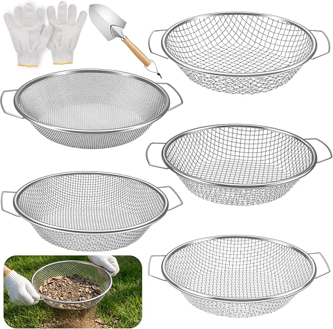 5PCS Soil Sifter, Gardening Soil Sifter with Handle Rock Compost Sifting Screen for 5 Gallon Buckets Garden Metal Sieve Strainer with Shovel 2,4,6,8,10mm Mesh Sizes Remove Stone Fine Gravel Sand Dirt