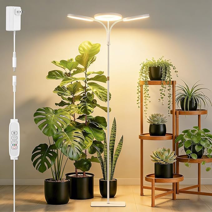 SDOVUERC Full Spectrum Grow Light with Stand for Indoor Plants, Floor Plant Light, 6/12/18H Timer, 3 Color Modes, Adjustable Height 16.5–68in, for Large Plants & Home Décor(Tri-Head,White)