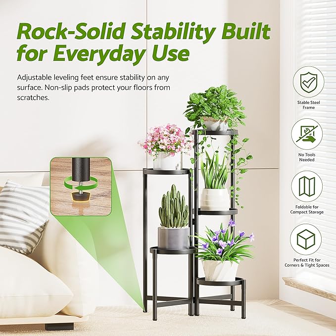 Stand Plants, 5 Tier Large Plant Stand Indoor, 7.9 Inch Wide Tall Corner Metal Plant Stands Outdoor for Multiple Plants, Foldable Tiered Flower Display Holder Rack Shelf for Patio Porch Balcony