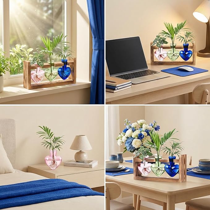 Plant Propagation Station 3Pcs Heart Vase with Wooden Stand Tabletop for Hydroponics Indoor Home Table Decor for Her Plant Lovers Women Mom Wife Daughter (Three Colors)