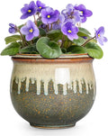 Ceramic Self Watering Pots, 6 Inch African Violet Pots with Absorbent Inner Pot, Round Self Watering Planter, Planters for Indoor Plants, House Decor, Plant Lover Gifts, Yellowish Brown-Beige