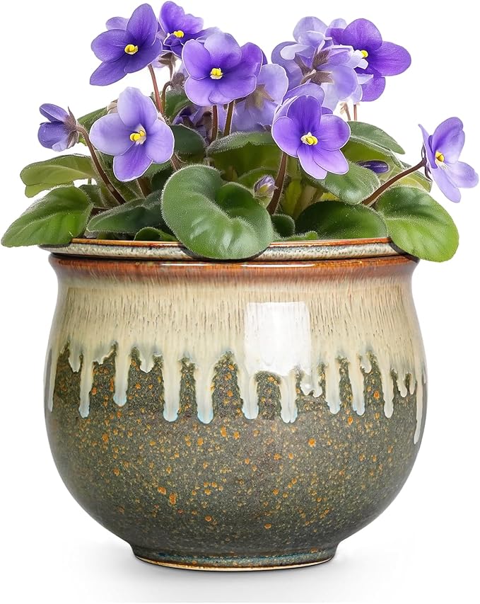 Ceramic Self Watering Pots, 6 Inch African Violet Pots with Absorbent Inner Pot, Round Self Watering Planter, Planters for Indoor Plants, House Decor, Plant Lover Gifts, Yellowish Brown-Beige