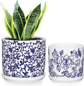 Set of 2 Blue and White Ceramic Plant Pots with Drainage Hole and Saucers, Retro Blue Porcelain Flowers Round Planters for Succulent Cactus Indoor Outdoor Garden Home Desktop Decor, 4.5+5.5 Inch