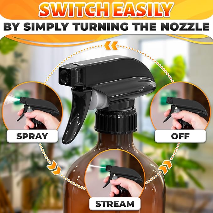 4 Pack Spray Nozzle for Bottles – Replace Broken Sprayers in Seconds with Spray Bottle Nozzle Replacement – Fits 8 Oz & 16 Oz Bottles, Trim-To-Fit Tube, Mist & Stream Modes, Secure Fit Trigger Sprayer