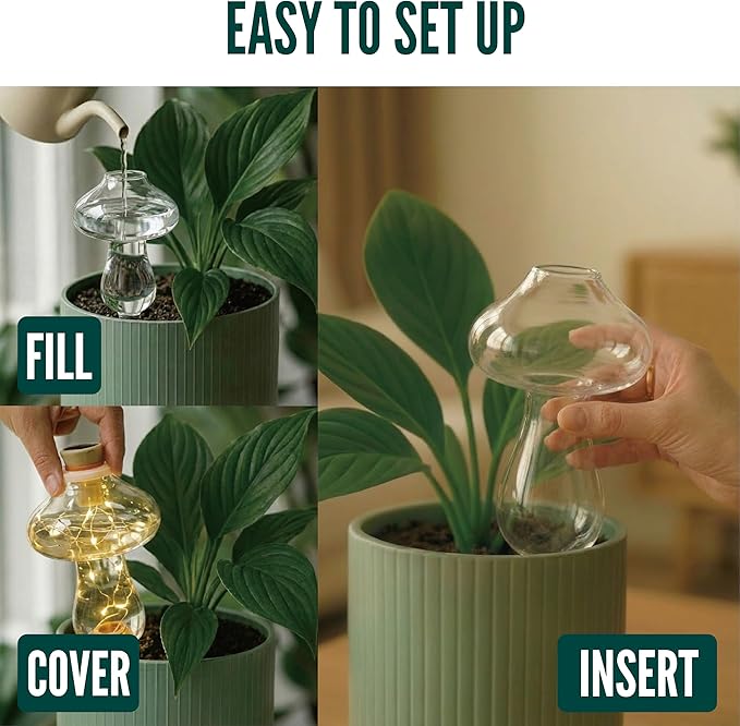 11oz Plant Self Watering Globes Top Fill, LED Night Light Mushroom Plastic Water Bulbs, Automatic Plant Waterer for Indoor Outdoor Houseplants, Slow Release Planter Insert, 2 Pack