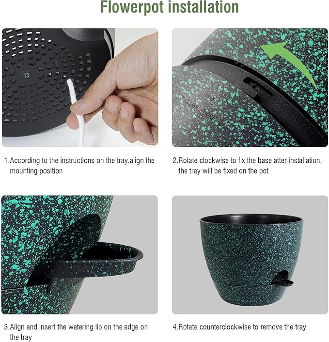 WSMKSZ 10 inch Self Watering Pots, Planter, Plant Pots with Mesh Drainage Holes for Indoor Outdoor House Plants and Garden, 2 Pack Plastic Flower Pots with Reservoir, Black with Green Speckles