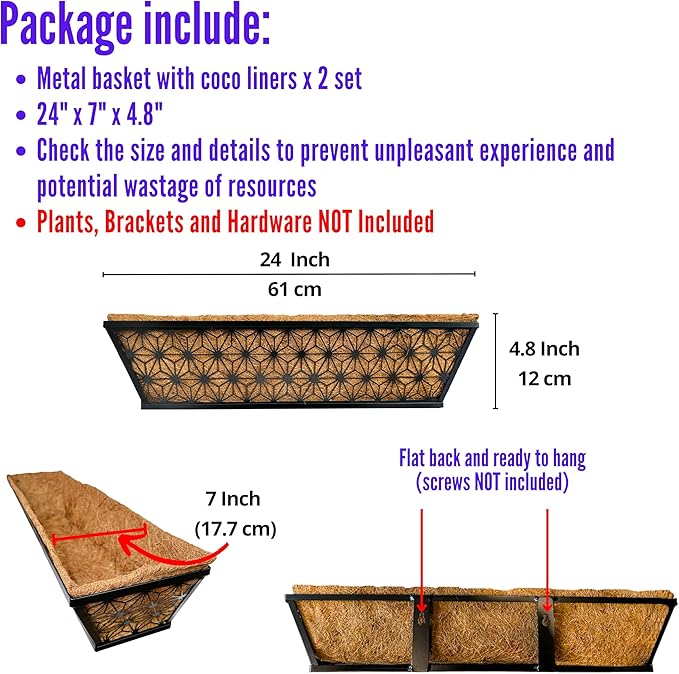 LaLaGreen Window Boxes Planter for Outdoor Plants (2 Pack, 24 Inch) Black Metal Rectangular Flower Pot Wall Planters with Coco Liner, Modern Stylish Horse Trough Deck Railing Rail Balcony Patio Fence