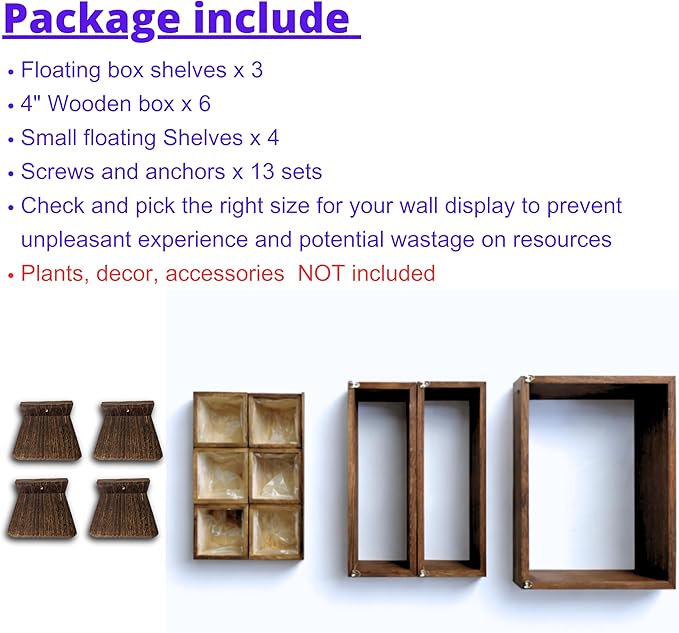 LaLaGreen Wooden Floating Shelves (13-Piece Set) Wall Mounted Plant Shelf, Planter Boxes for Indoor Plants, Decorative Wood Display Shadow Box Kitchen, Bathroom, Bedroom, Living Room, and Home Decor