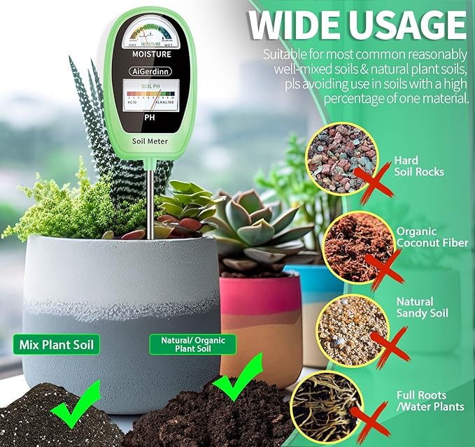 Soil Test Kit, 2-in-1 Soil Moisture Meter, Soil pH Meter -Dual Dial-Simultaneously-Display Results-Soil pH Tester, Moisture Meter for Garden,Lawn,Farm Indoor&Outdoor Plants-Teargreen