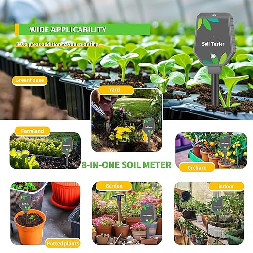 Soil Moisture Meter for Plants, 8-in-1 Soil pH Meter Moisture, Light, pH, EC, Fertility, Salt, Temp, Air Humidity, Soil pH Test Kit Great for Garden, Lawn, Farm, Indoor & Outdoor Use