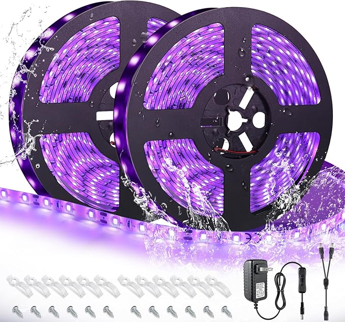 LightingWill LED UV Black Light Strip Kit, Ultraviolet Waterproof IP65 32.8FT/10M 3528 600LEDs, 395nm-405nm Blacklight for DJ Bar Club Party Decor Night Fishing with 12V Power Supply