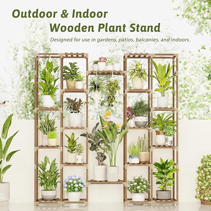 GENTINGBRO Plant Stand Indoor Tall Hanging Plant Shelf 16 Tiers Large Outdoor Plant Rack for Multiple Plants Wood Plant Holder for Living Room Garden Balcony
