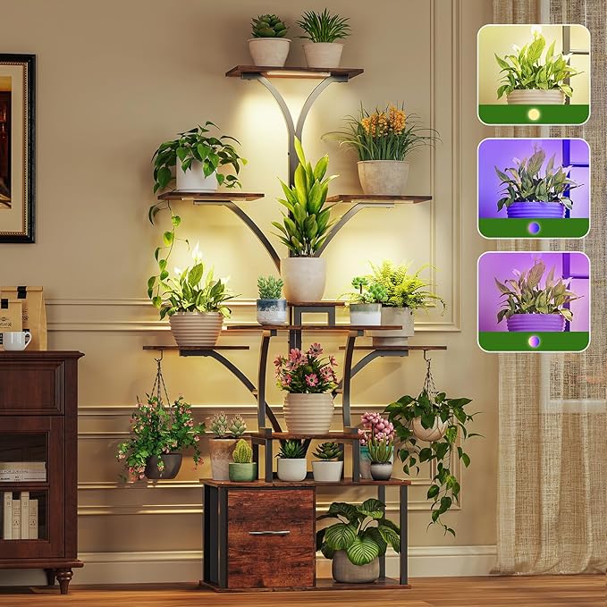 63" Plant Stand Indoor with Grow Lights, 10 Tiered Plant Shelf with Drawer, Corner Plant Stands for Indoor Plants, Metal Plant Flower Display Shelf, Tree-Shaped Plant Rack for Home, Black (2, Black)