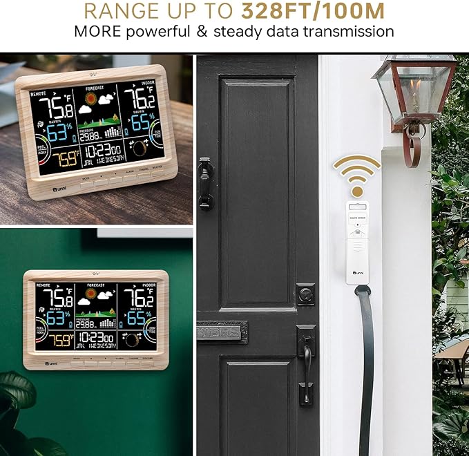 Weather Station Indoor Outdoor Thermometer Wireless, Home Atomic Clock with Large Constant Display, Inside Outside Temperature Humidity Monitor, Dew Heat Point, Barometer (WOOD01)