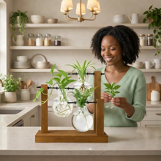 Plant Propagation Station with Glass Propagation Vases, Plant Propagation Jars in Wooden Stand, Hydroponic Vase for Plant Cuttings, Decorative Propagation Station for Home Desk Office