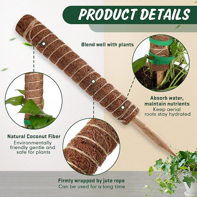30 Pcs Moss Pole for Plants Monstera 16.5 Inch Coir Poles Bendable Monstera Plant Support with 10 Pcs 6.56 Feet Jute Rope and 6.56 Feet Green Plant Tape for Indoor Outdoor Climbing Plants Growth