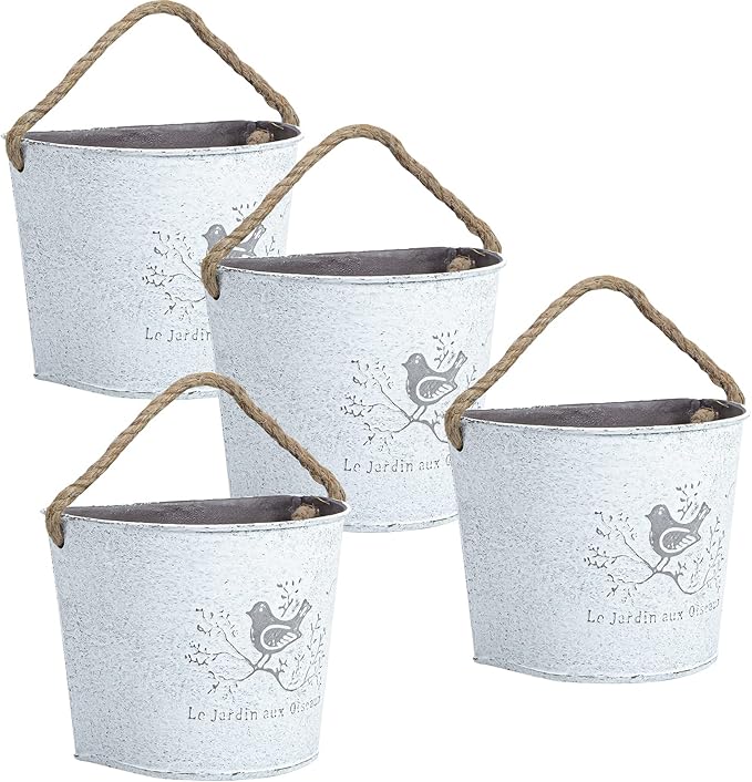 XONOR 4Pcs Galvanized Metal Wall Planter- Wall Hanging Bucket Vintage Rustic Flowers Vase Planter Holder with Rope for Home Wall Decor or Plants Flowers Growing (5.5'')