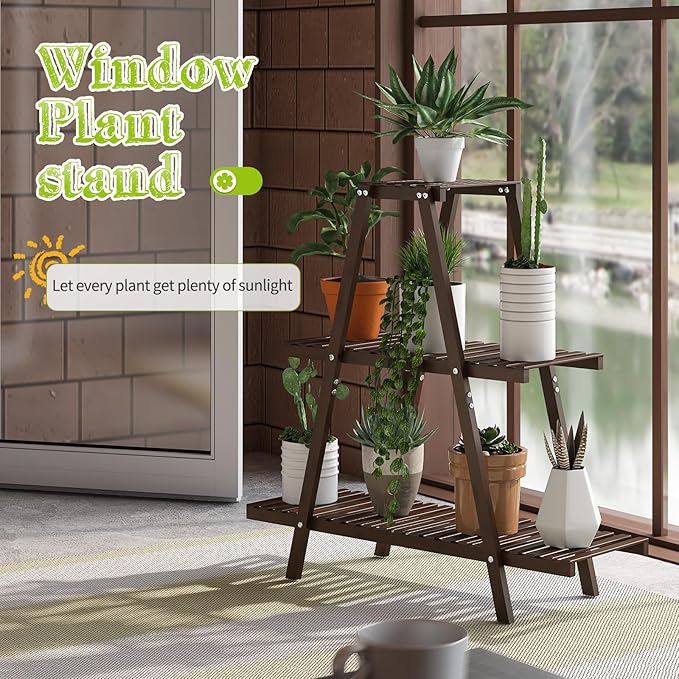 BMOSU Plant Stand Bamboo for Indoor Outdoor Tiered Plant Shelf 8 Potted Flower Holder Ladder Rack Garden Balcony Living Room Patio(3 Tier Brown)
